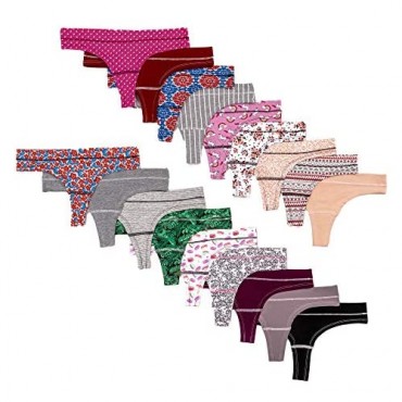 Alyce Intimates Women’s Cotton Thong Panties 18 Pack Assorted Colors & Prints