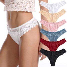 BIONEK Lace Thongs for Women Tangas Sexy Bikini Panties Cheeky Underwear with Bow Cotton Crotch T-Back Pack of 6
