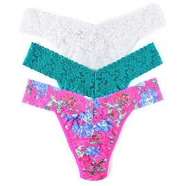 hanky panky  Signature Lace Original Rise Thong 3 Pack  One Size fits 4-14  Electric Garden  Vibrant Turquoise  White