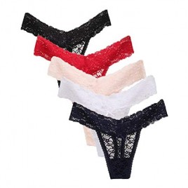 Women's Sexy Lace Thongs V Cheeky Underwear See Through Panties Pack of 5