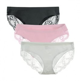 LIQQY Women's 3 Pack Low Rise Cotton Lace Coverage Bikini Panties Underwear