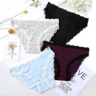 beautyin Women's Cheeky Bikini Panties Soft Underwear Lace Trim Thongs 4 Pack