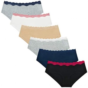 Yinhua 6 Pack Women's Cotton Underwear Hipster Panties Lace Trim Panties