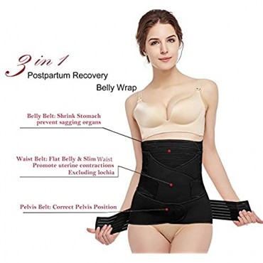 3 in 1 Postpartum Support - Recovery Belly Wrap Girdle Support Band Belt Body Shaper (Black-3in1 One Size)