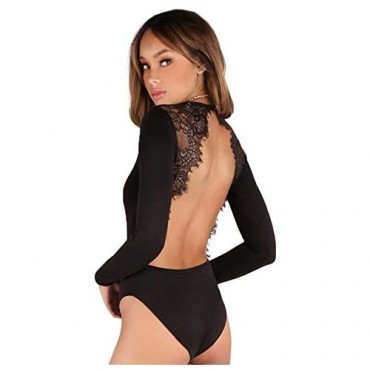 DIDK Women's Sexy Backless Lace Appliques Long Sleeve Bodysuit