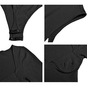 Womens V Neck Bodysuit Long Sleeve Ribbed Bodysuit Leotard Jumpsuit Tops
