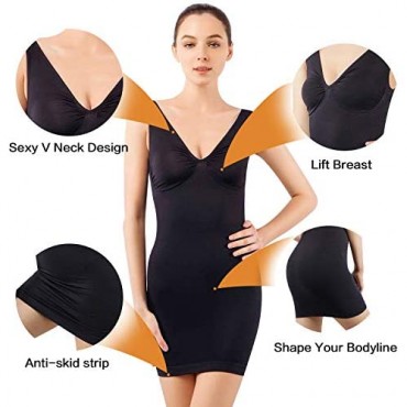 +MD Women's Full Body Shapewear Slip V Neck Control Shaper for Under Dresses