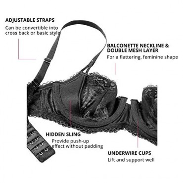 DOBREVA Women's Sexy Lace Unlined Underwire Balconette See Through Sheer Bra