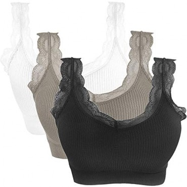 Goldenlight 3 Pack Lace Sports Bras for Women Padded Breathable Bralette Bustier Push Up Vest Top Yoga Running Seamless