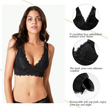 Rolewpy Women Deep V Neck Floral Lace Bralette Plunge Bra Racerback Crop Top with Removable Pads Wirefree