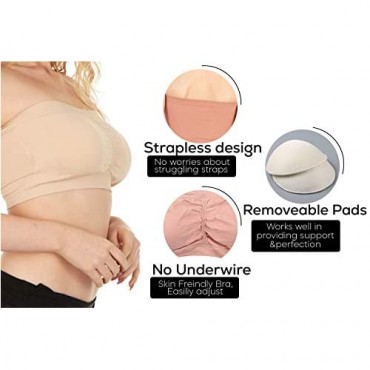 UNIQUE STYLES ASFOOR 3 Pieces Strapless Bandeau Bra Supportive Wireless Padded Tube Tops for Women