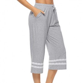 Hawiton Women's Cotton Pajama Capri Pants Lace Nightwear Cropped Bottoms with Pockets