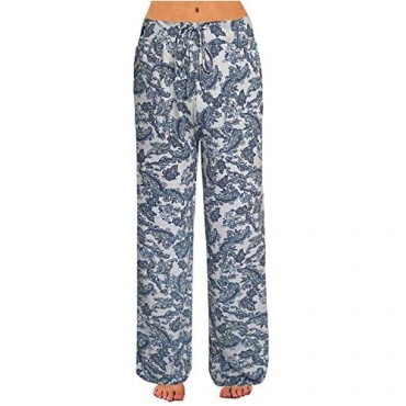 iniber Women's Comfy Pajama Pants Floral Print Drawstring Casual Palazzo Lounge Pants Wide Leg with Laundry Bag