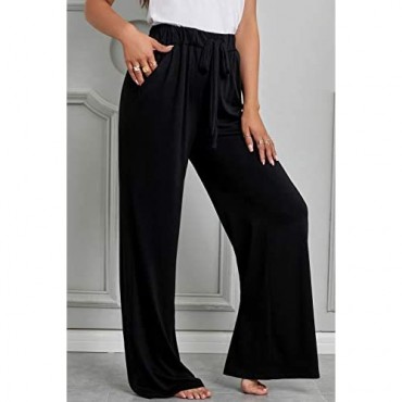 Ladybranch Womens Casual Pajama Pants Comfy Solid Color Drawstring Palazzo Lounge Pants Wide Leg