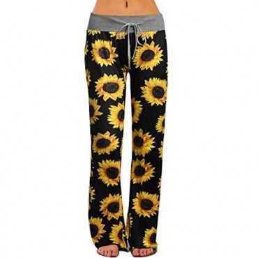 LUBERLIN Women's Comfy Casual Pajama Pants Sunflower Print Drawstring Palazzo Lounge Pants Wide Leg
