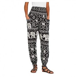 Lveberw Womens Harem Pants Hippie  Elephant Boho Floral Printed Yoga Pants Smocked Waist  Palazzo Pants with Pockets