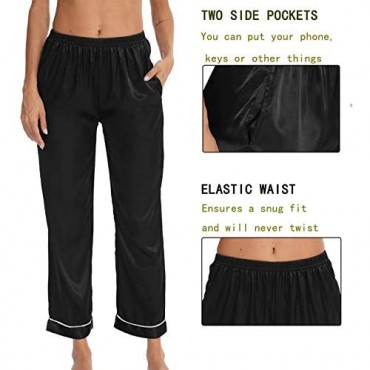 SWOMOG Women's Satin Pajama Pants Long Sleeve Silky Sleep Pants Loungewear Pj Bottoms Pants Nightwear Trousers with Pockets