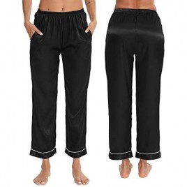 SWOMOG Women's Satin Pajama Pants Long Sleeve Silky Sleep Pants Loungewear Pj Bottoms Pants Nightwear Trousers with Pockets