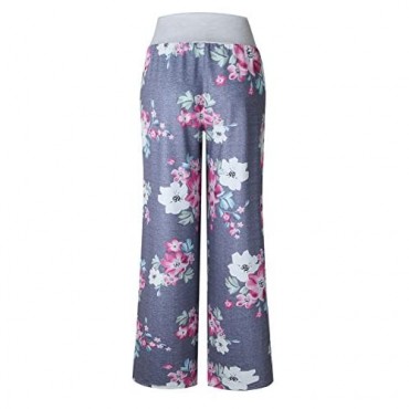 Voopptaw Women's Casual Pajama Pants Floral Print Drawstring Wide Leg Palazzo Lounge Pants