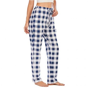Women Casual Lounge Pants 100% Cotton Drawstring Plaid Pajama Bottoms with Pockets Pjs Pants