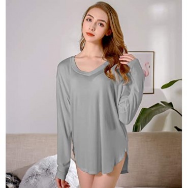 Coursanlouis Women Lounge Sleep Tops Nightgrown with Long Sleeve V-Neck Pajama Shirts