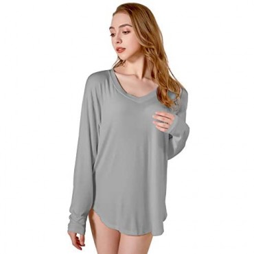 Coursanlouis Women Lounge Sleep Tops Nightgrown with Long Sleeve V-Neck Pajama Shirts