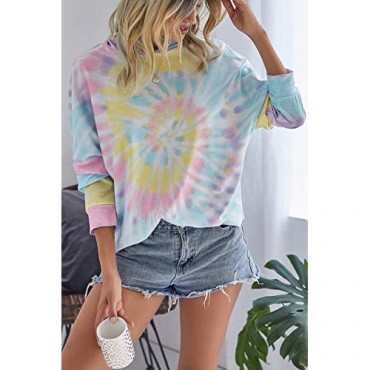 Minipeach Women's Tie Dye Sweatshirt Long Sleeve Pajamas Lounge Pullover Soft Loose Fit Hoodie Colorblock Shirts Tops
