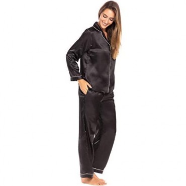 Alexander Del Rossa Women's Button Down Satin Pajama Set with Sleep Mask Long Silky Pjs