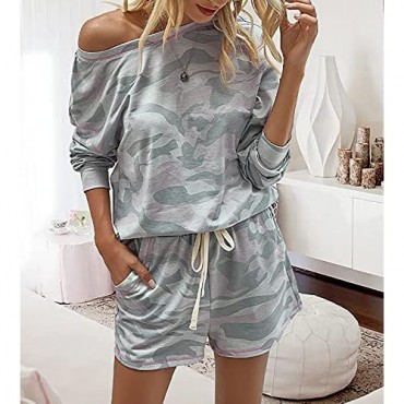 BTFBM Women Pajamas Long Sleeve Shirts Drawstring Pockets Shorts Two Piece Lounge Pajama Set Tie Dye Camouflage Leopard Print