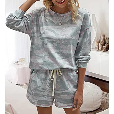 BTFBM Women Pajamas Long Sleeve Shirts Drawstring Pockets Shorts Two Piece Lounge Pajama Set Tie Dye Camouflage Leopard Print