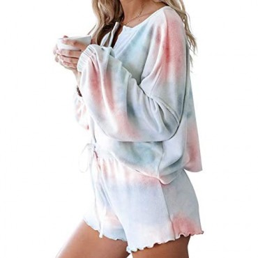Century Star Women Pajamas Tie Dye Print Long Sleeve Shirt Elastic Drawstring Shorts 2 Piece Set Sleepwear Loungewear