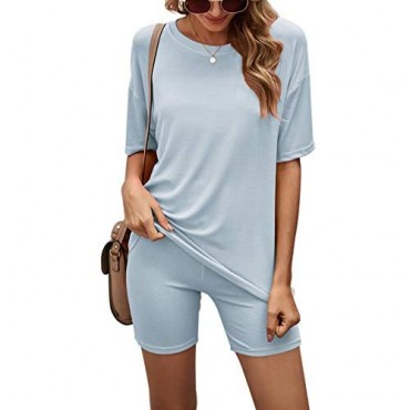 Chatinction Women's Casual 2 Piece Outfit Loose Short Sleeve T Shirt High Waist Bodycon Shorts Set Tracksuit
