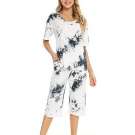 Chomoleza Womens Printed Tie-dye Pajama Sets Nightwear V-Neck Short Sleeve Top with Cropped Pants Loungewear Sets