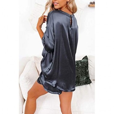 CHYRII Women's Silk Satin Pajamas Two Piece Pj Sets Crewneck Short Sleeve Tops and Shorts Sleepwear