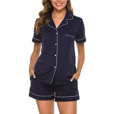 COLORFULLEAF Women's 100% Cotton Pajamas Shorts Set Button Down Notched Collar Sleepwear