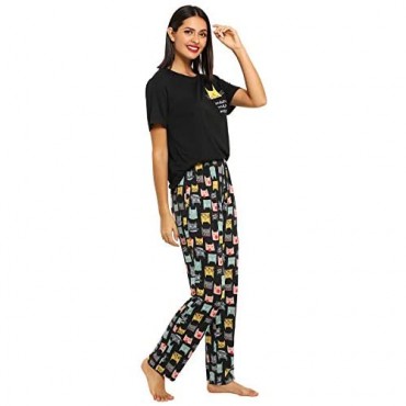 DIDK Women's Cute Cartoon Print Tee and Pants Pajama Set