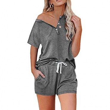 EFAN Women's Lounge Sets 2 Piece Outfits Button Up Sweatsuit Short Sleeve Pullover Tops and Short Sweatpants Tracksuit