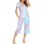 Ekouaer Women Pajamas Set Ruffle Seams Sleepwear with Pockets Printed Short Sleeves Top Elastic Waist Sleep Capri
