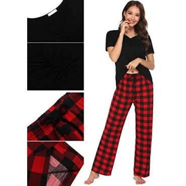 Ekouaer Women Pajamas Short Sleeve Pjs with Plaid & Leopard Pants 2 Piece Pjs V-Neck Sleepwear Loungewear Set