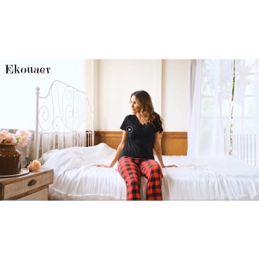 Ekouaer Women Pajamas Short Sleeve Pjs with Plaid & Leopard Pants 2 Piece Pjs V-Neck Sleepwear Loungewear Set
