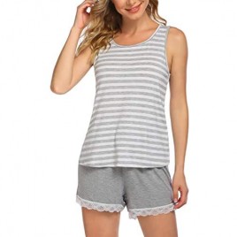 Ekouaer Womens Cotton Pajamas Set Racerback Tops Lace Shorts Pj Sets Casual Elastic Sleepwear Striped Nightwear S-XXL