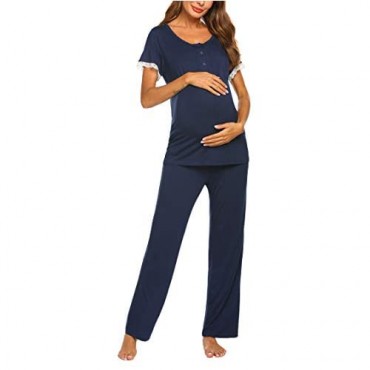 Ekouaer Women's Maternity Nursing Pajamas Set Soft Short-Sleeved Button Tops PJ Pants Sleepwear Set