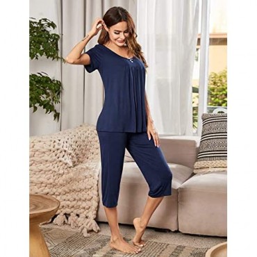 Ekouaer Womens Pajama Sets Capri Pants with Pleated Tank Tops Soft Sleepwear Ladies Sleep Sets