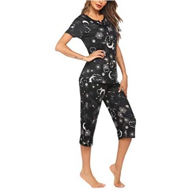 Ekouaer Womens Pajamas Set Short Sleeve Top with Capri Pants Casual and Fun Prints Sleepwear Pjs Loungewear Sets S-XXL