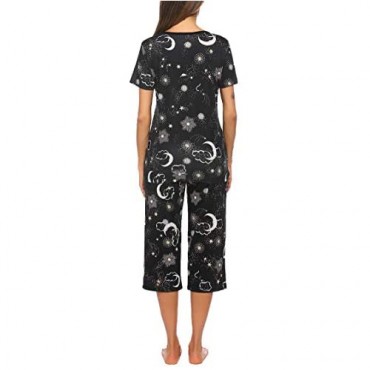 Ekouaer Womens Pajamas Set Short Sleeve Top with Capri Pants Casual and Fun Prints Sleepwear Pjs Loungewear Sets S-XXL