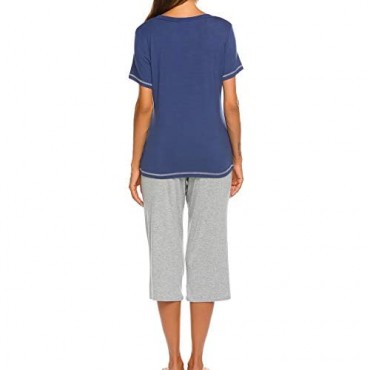 Ekouaer Women's Short Sleeve Tops and Capri Pants Cute Cartoon Print Pajama Sets with Pockets