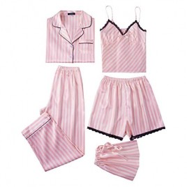 Escalier Womens 5pcs Silk Satin Pajama Set Cami Pjs Sleepwear Button Down Pj Sets Loungewear