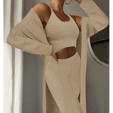Fixmatti Women's Fuzzy 3 Piece Sweatsuit Open Front Cardigan Crop Tank Tops Wide Legs Pants Lounge Sets