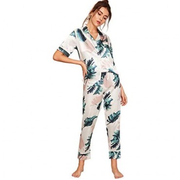 Floerns Women's Printed Two Piece Short Sleeve Sleepwear Long Pants Silk Pajamas Sets