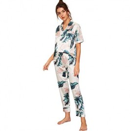 Floerns Women's Printed Two Piece Short Sleeve Sleepwear Long Pants Silk Pajamas Sets